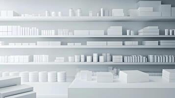 Monochromatic display showcasing generic packaging on shelves, clean aesthetic and retail appeal photo