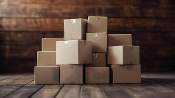 Stacked cardboard boxes against wooden backdrop create a sense of storage and delivery. photo