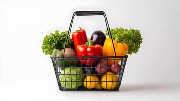 Fresh produce in wire basket presenting healthy choices for vegetarian food and wellness photo