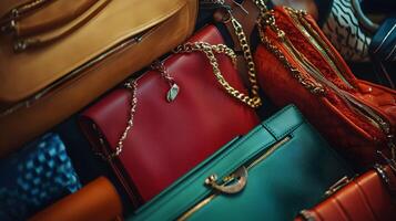 Assortment of fashionable designer handbags, showcasing luxury style and refined craftsmanship photo