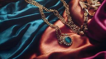 Luxurious jewelry with precious stone resting on the folds of vibrant fabrics of teal and crimson photo