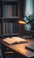 Inviting workspace with book, lamp, and bookcase creating a cozy study atmosphere photo