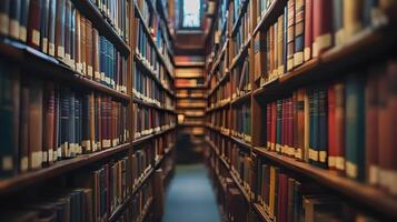 Aisles of knowledge An evocative image of bookshelves filled with classic books photo