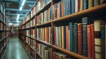 Captivating perspective of extensive library featuring endless rows of shelved old books photo