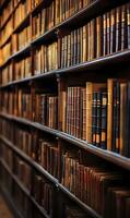 Collection of Classic Bound Books Displayed on an Antique Library Bookshelves Background photo