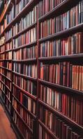 Expansive book collection displayed on floor to ceiling wooden shelves in library ambiance photo