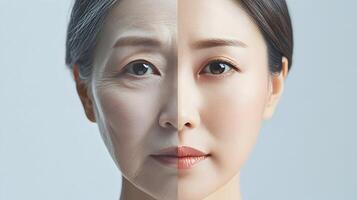 Conceptual representation of aging and rejuvenation, demonstrating skin comparison on the face photo