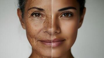 Juxtaposition of Aging Versus Youthful Visage Expressing Skin's Transformation and Rejuvenation photo