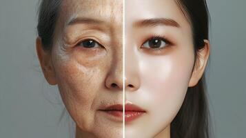 Rejuvenation and aging concept, half face showing before and after skin treatment effect photo