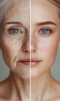 Transformation of age, juxtaposing aging and youthful facial features in a compelling visual photo