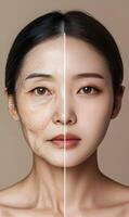 Aging transformation visual comparing half of a face with wrinkles to a younger, fresher complexion photo