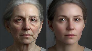 Representation of aging process on face, showing progression to younger face portrait photo