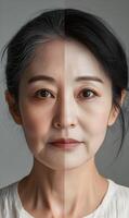 A portrait showcasing a woman's face with distinct aging variations and skincare efficacy photo
