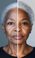 The dichotomy of aging portrait with a person showing different stages, face portrait photo