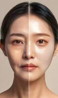 Comparative skin portrait, aging process and youthful look represented in a facial split view photo