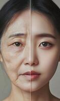 Juxtaposition of aging skin alongside youthful texture, a visual representation of transformation photo