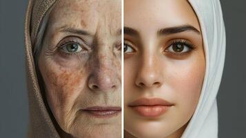 Comparative portraits showing the effects of aging on skin and contrast with youth appearance photo