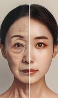 Juxtaposition of aging and youth, highlighting transformative skincare contrasts with time passage photo