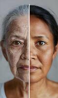 The duality of aging process, a portrait demonstrating maturity and youth comparison concept photo
