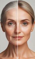 Comparison of facial aging and rejuvenation, showcasing skincare and age transformation photo