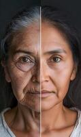 Visual duality Aging process showcasing changes across time in a female face photo