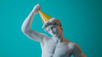 Sculpture Celebrates With Golden Cone Hat Creating a Quirky Visual, Blue background photo