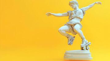 Sculptural rendition featuring a classical figure joyfully roller skating on a bright backdrop photo