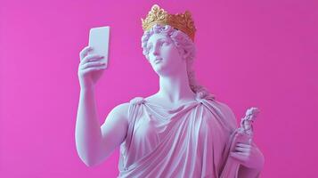 Classical statue with golden crown taking selfie on pink backdrop, modern interpretation photo