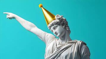 Whimsical marble statue with a party hat, a fusion of classical art and contemporary fun photo