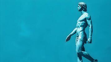 Ancient legacy a vibrant statue of a heroic figure against a deep aqua blue backdrop photo