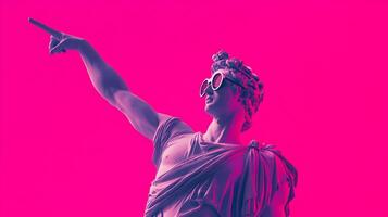 A Cool Renaissance Sculpture Displaying Modernity with Sunglasses Against Hot Pink Backdrop photo