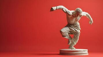 Classical sculpture of athlete in action frozen in time against warm backdrop, ready movement photo