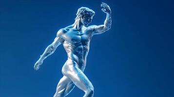 Sculpted Metallic Figure Striding Forward with Determination against a Vibrant Blue Backdrop photo