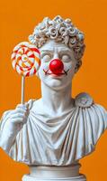 Humorous juxtaposition of classical sculpture adorned with clownish elements and a candy. photo