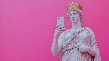 Ancient Meets Modern Digital Age Athena Statue Taking a Selfie with a Smart Phone Device photo