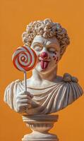Classical Statue with Clown Makeup and Lollipop, Playful Fusion of Art and Humor photo