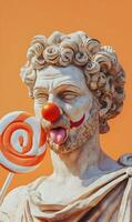 Humorous juxtaposition of classical sculpture with a clown makeup and lollipop, playful art photo