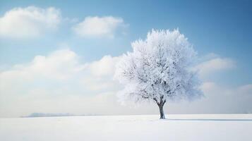 Serene winter scene of a solitary frosted tree under a pastel blue and fluffy cloud sky photo