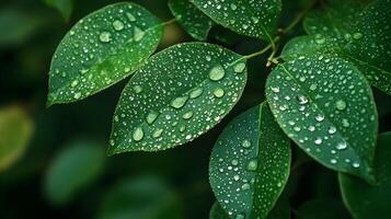 Fresh leaves adorned with rain droplets create a captivating natural background element photo
