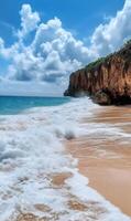 Seaside Tranquility Embracing Waves and Cliffs, a Serene Coastal Panorama on Bright Day photo