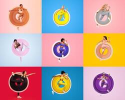 Nine athletic women perform various workouts in colorful backgrounds, highlighting fitness and healthy lifestyles. Each individual displays unique exercises, promoting active living and wellness. photo