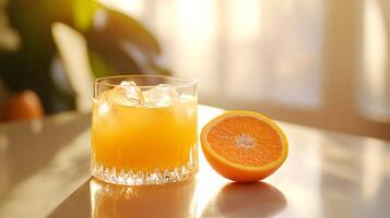 Zesty refreshment, vibrant orange drink and slice against sun-kissed background, health boost photo