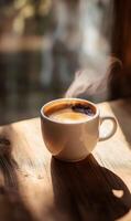 Invigorating morning ritual, a steaming mug of invigorating brew on rustic wooden surface photo
