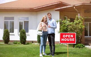 Happy home owners with house key in front of their new property, blank space. Panorama photo