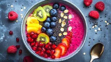 Delightful fusion of vibrant fruits and nutritious seeds arranged beautifully in a smoothie bowl photo