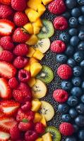 Assortment of fresh fruits composition, creating a vibrant and organic presentation for backgrounds photo