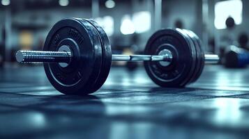 Weighted barbell for powerful bodybuilding and strength training in a gym location photo