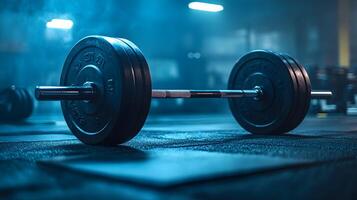Weightlifting Barbell Set in Dramatic Lighting Showcasing Strength and Athleticism Concept photo