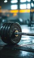 Barbell with plates resting on a dark, slightly wet gym floor, representing strength conditioning photo