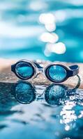 Swim Goggles Resting near Pool Edge Reflecting Aquatic Environment, Swimming Time photo